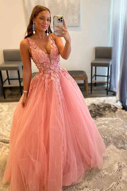 A-Line Princess Coral Pink Floor Length V-Neck Long Prom Dress with Appliques
