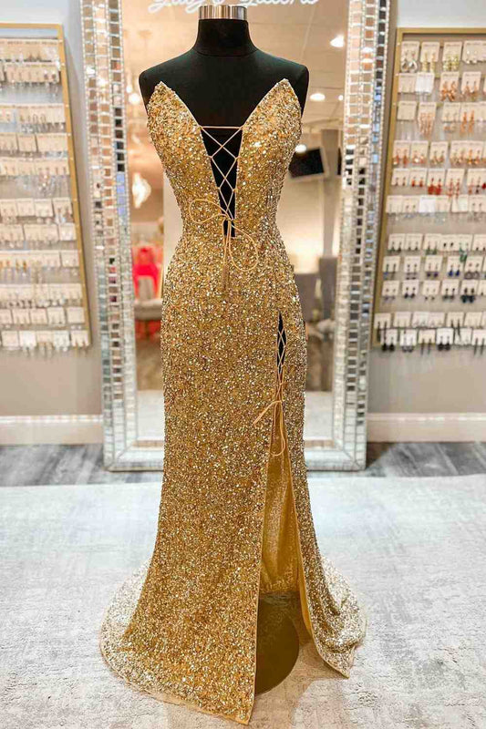 Sheath Mermaid V Neck Shine Sequins Sweep/Brush Train Dresses Lace-Up Front Slit Long Prom Dress