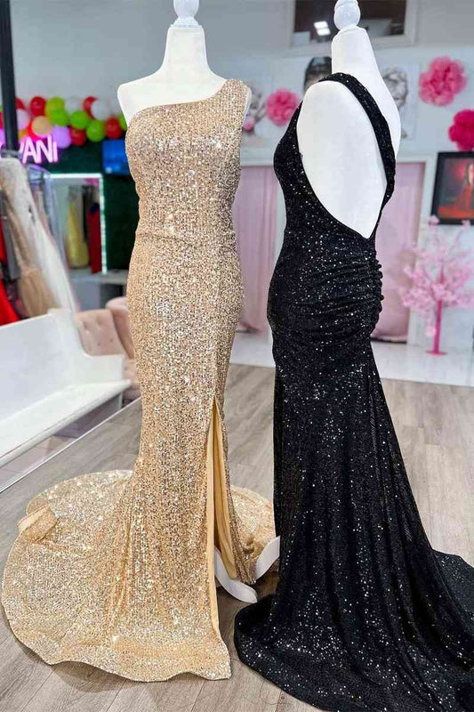 Sheath Mermaid One Shoulder Sweep/Brush Train Dresses Glitter Sparking Sequins Slit Long Prom Dress
