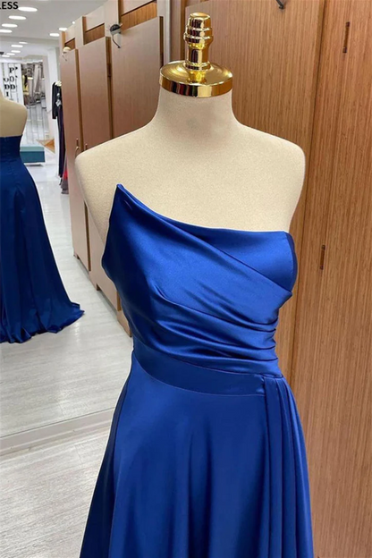 Sweep/Brush Train Dresses Royal Blue Satin Strapless Pleated Long Prom Dress