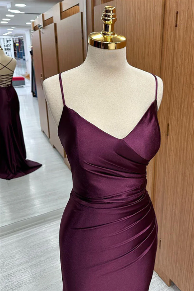 Sweep/Brush Train Dresses Satin V Neck Lace-Up Back Pleated Long Prom Dress with Silt