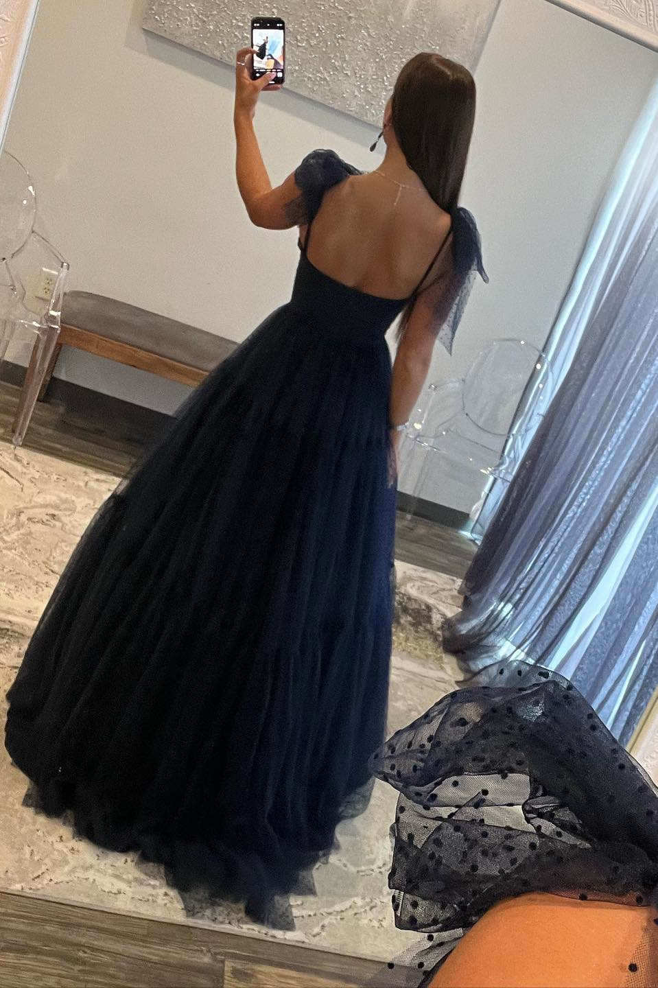 A-Line Floor Length  Swiss Dot Tulle Prom Dress with Bow Tie