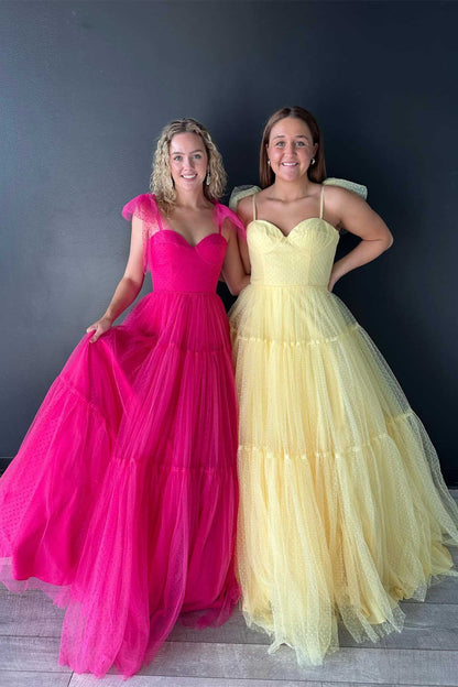 A-Line Floor Length  Swiss Dot Tulle Prom Dress with Bow Tie