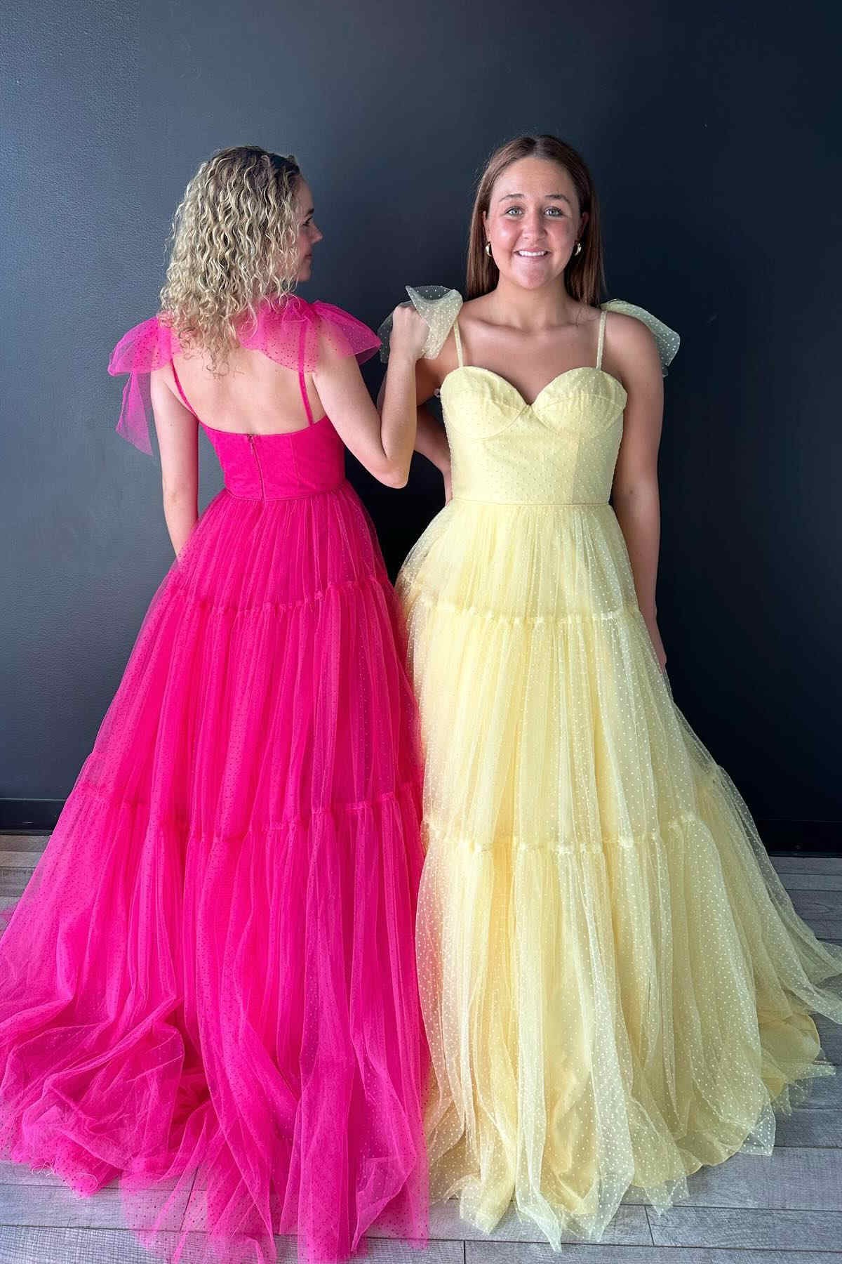 A-Line Floor Length  Swiss Dot Tulle Prom Dress with Bow Tie