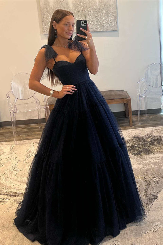 A-Line Floor Length  Swiss Dot Tulle Prom Dress with Bow Tie