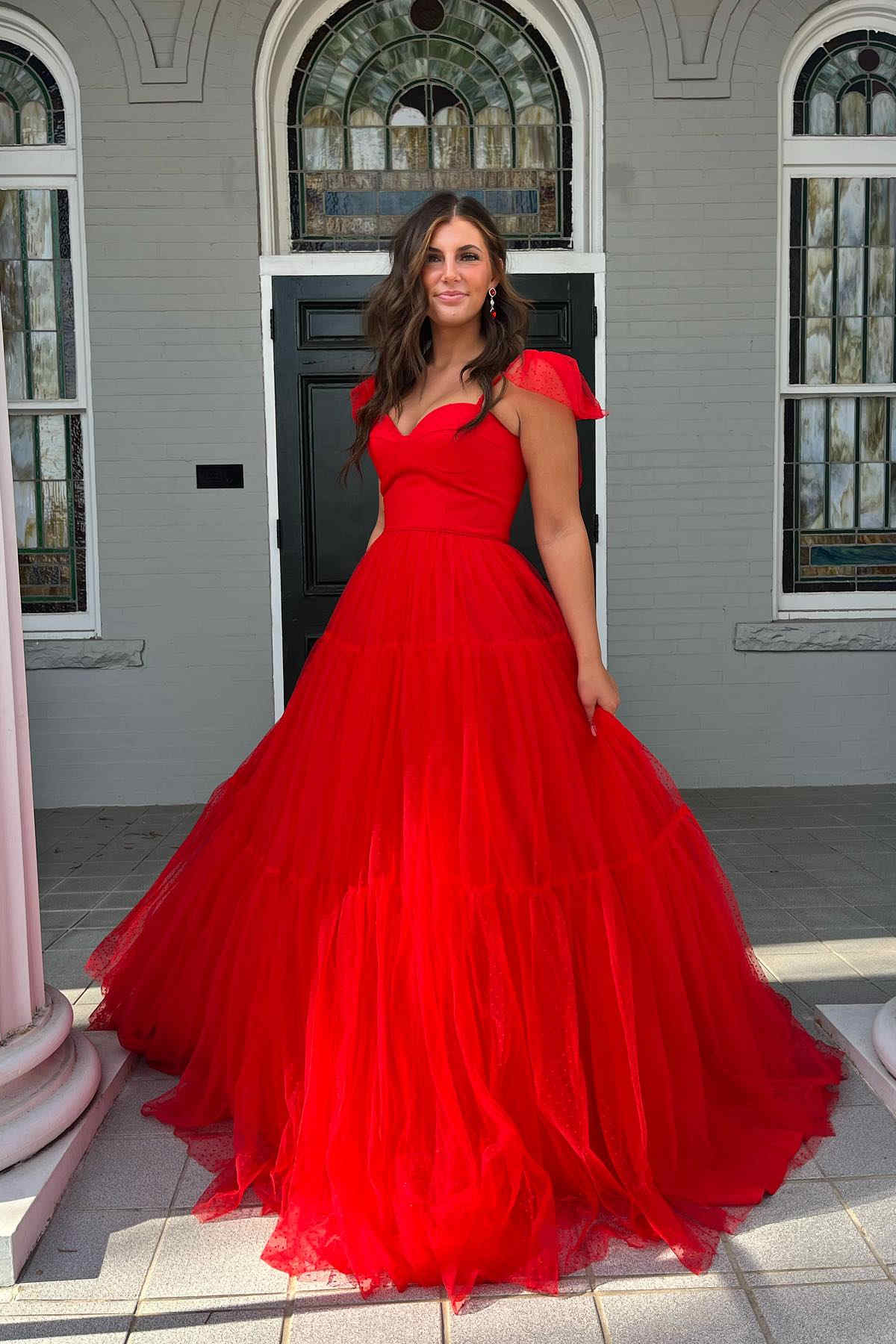 A-Line Floor Length  Swiss Dot Tulle Prom Dress with Bow Tie