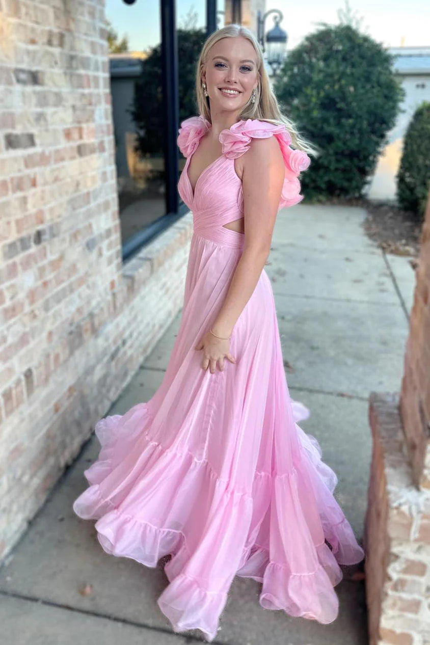 Floor Length  Lace-Up Fuchsia V-Neck Ruffle Pleated Long Prom Dress