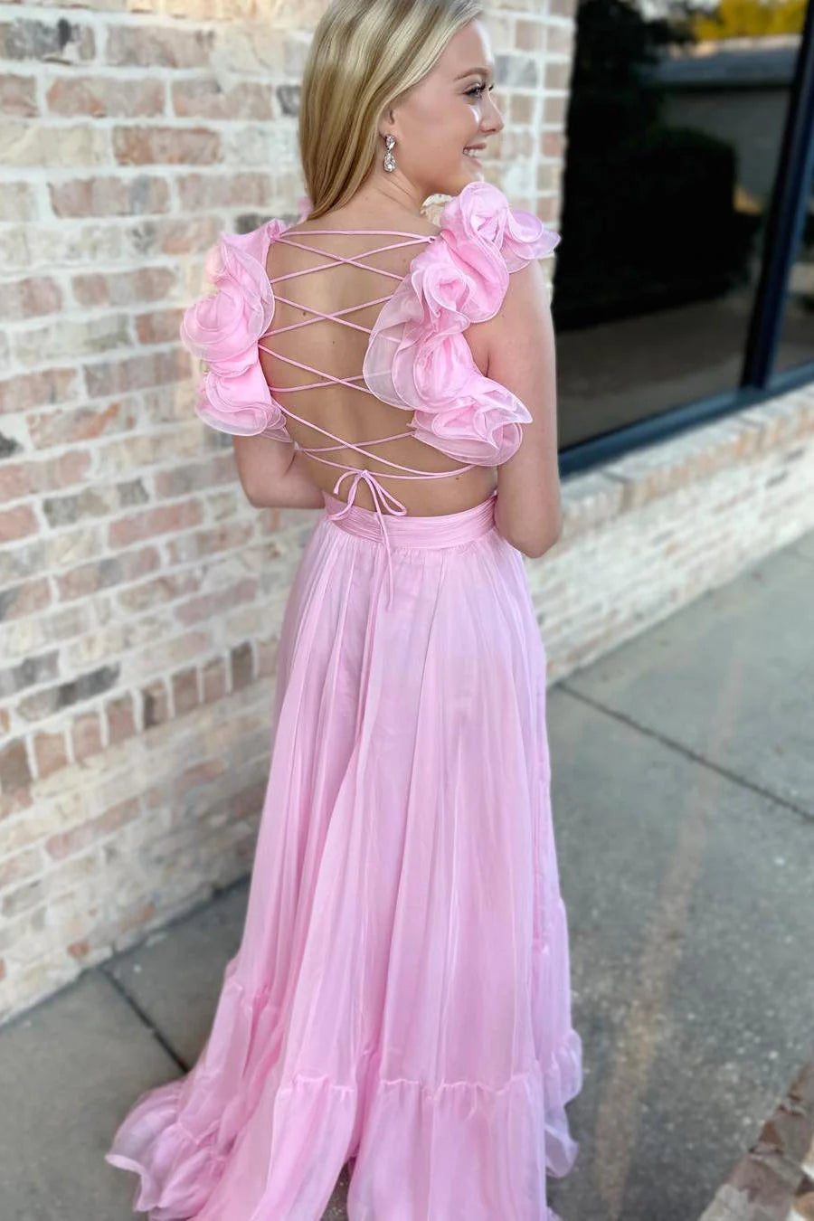 Floor Length  Lace-Up Fuchsia V-Neck Ruffle Pleated Long Prom Dress