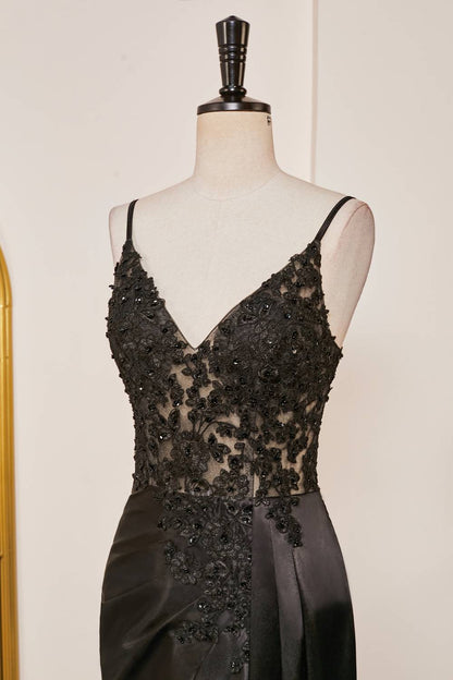 Sweep/Brush Train Dresses V-Neck Black Sheer Lace Corset Mermaid Prom Dress with Slit