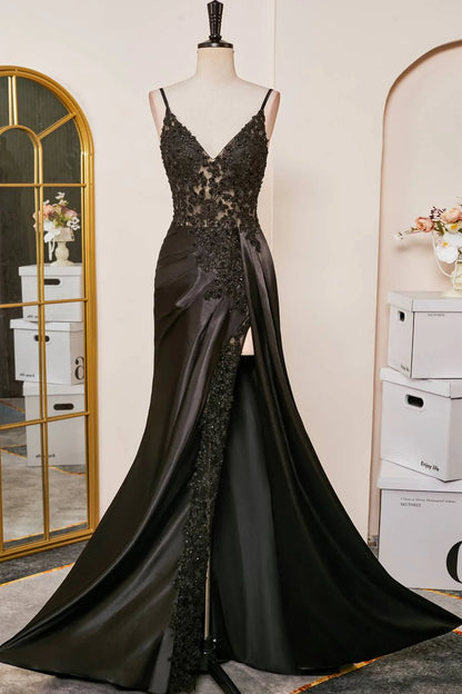 Sweep/Brush Train Dresses V-Neck Black Sheer Lace Corset Mermaid Prom Dress with Slit