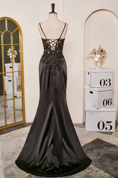 Sweep/Brush Train Dresses V-Neck Black Sheer Lace Corset Mermaid Prom Dress with Slit