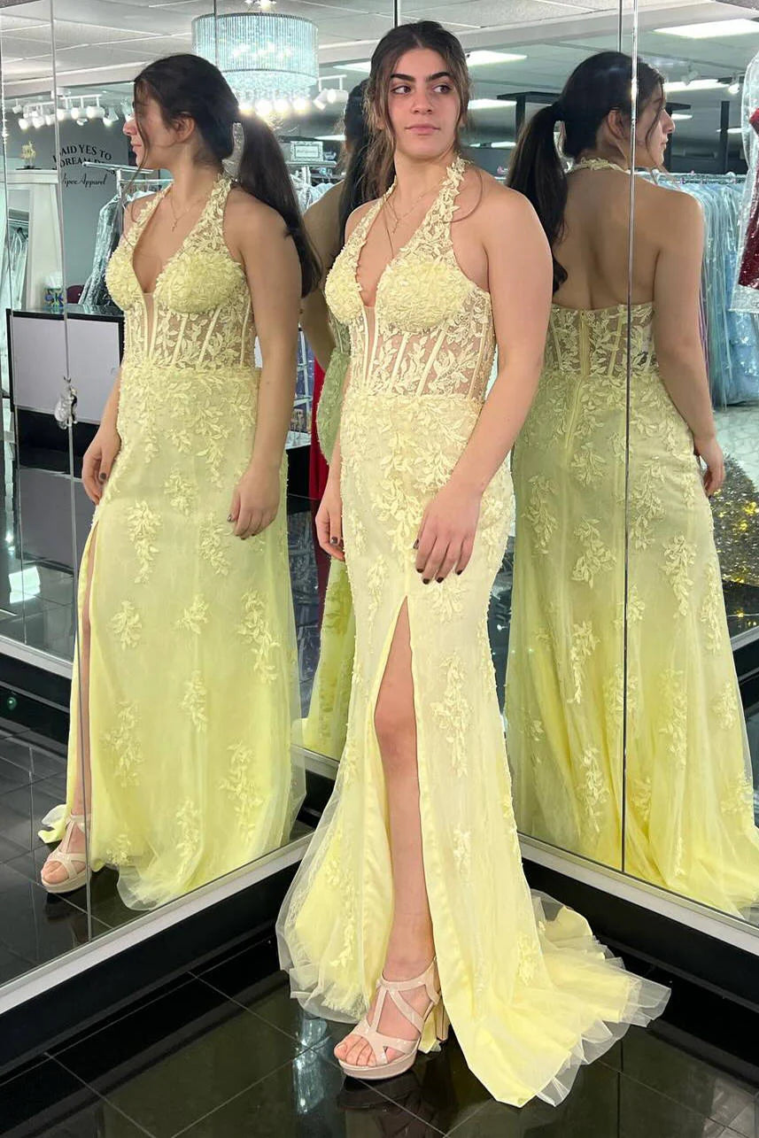 Sweep/Brush Train Dresses Sheath Halter Neck  Lace Corset Slit Long Prom Dress with Appliques
