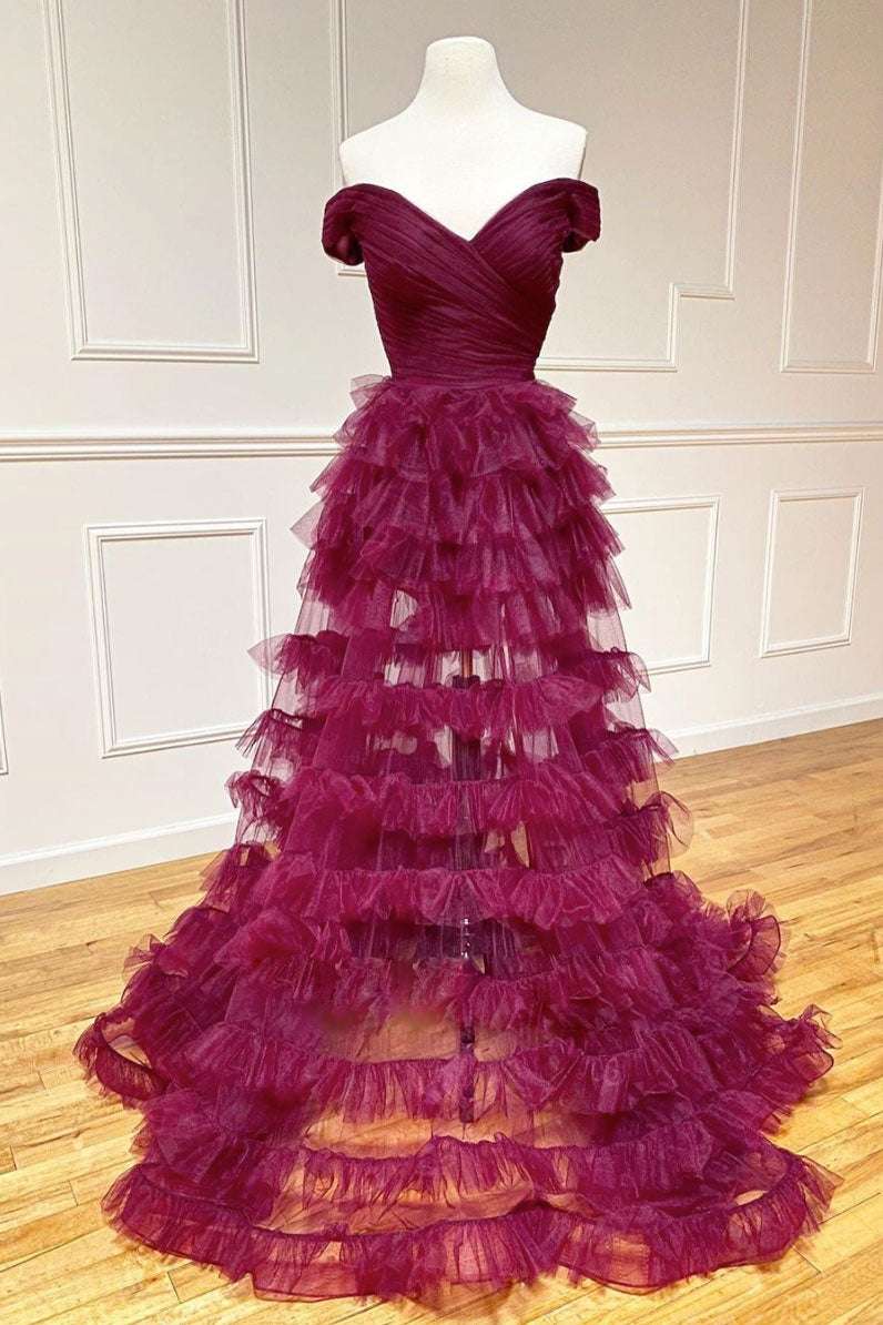 Dark Berry Layers  Sweep/Brush Train Evening Dresses Off the Shoulder  Pleated Sheer Tiered Prom Dress