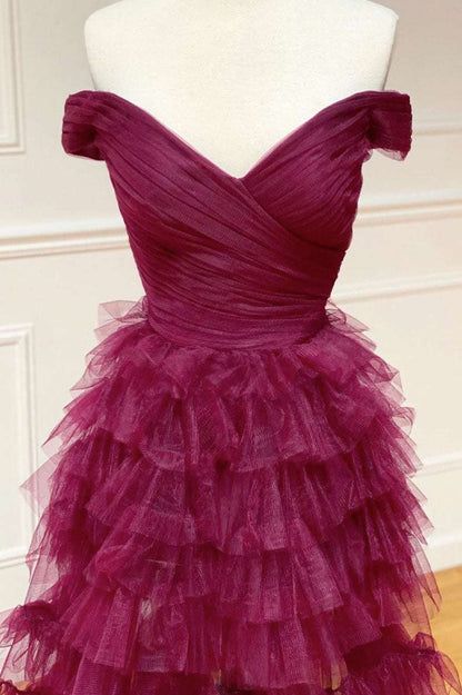 Dark Berry Layers  Sweep/Brush Train Evening Dresses Off the Shoulder  Pleated Sheer Tiered Prom Dress