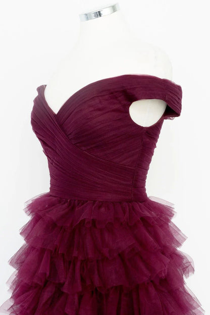 Dark Berry Layers  Sweep/Brush Train Evening Dresses Off the Shoulder  Pleated Sheer Tiered Prom Dress
