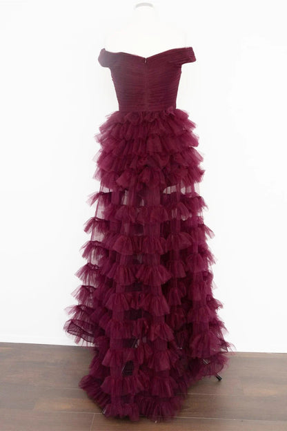 Dark Berry Layers  Sweep/Brush Train Evening Dresses Off the Shoulder  Pleated Sheer Tiered Prom Dress