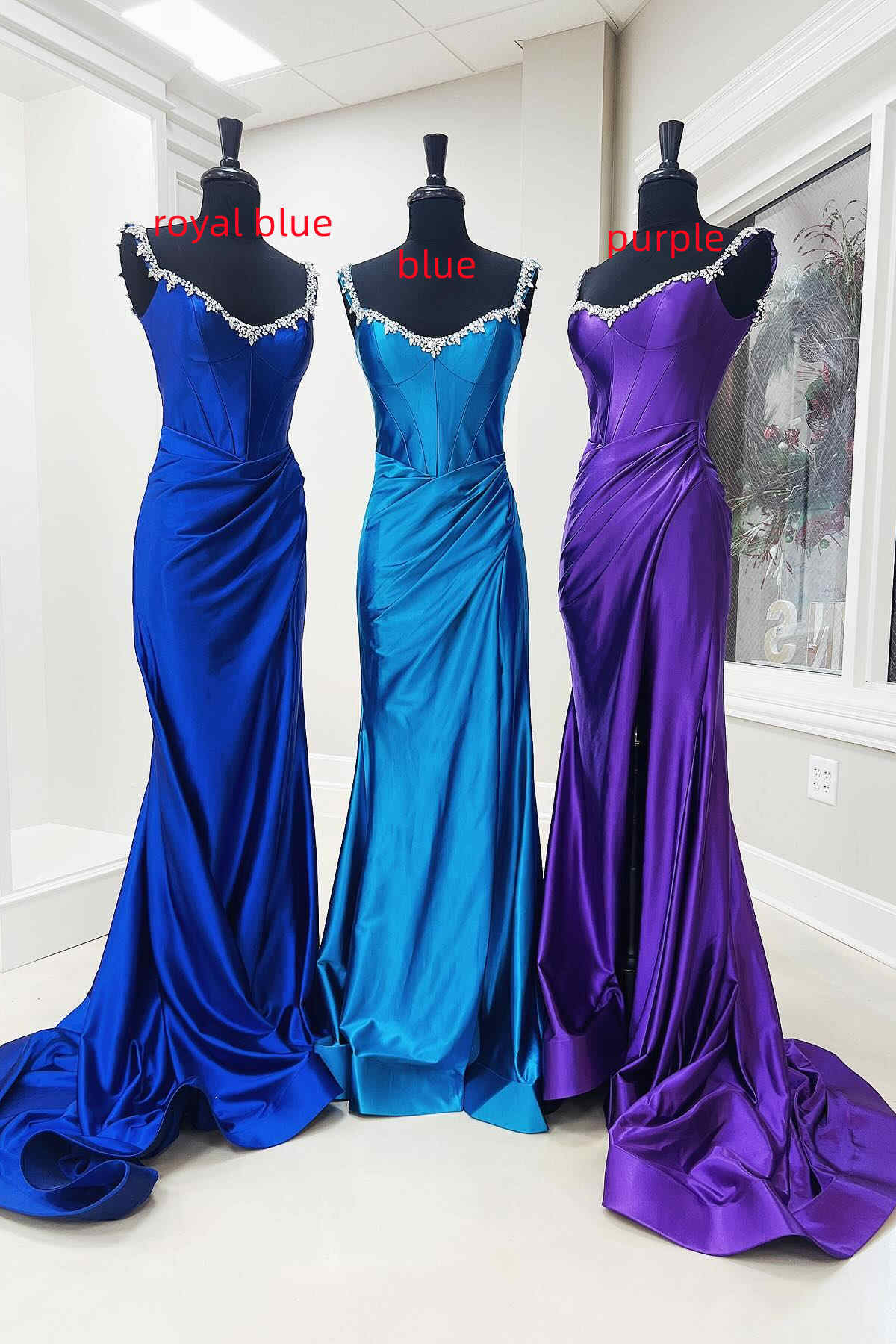 Sheath Mermaid Off the Shoulder  Sweep/Brush Train Evening Dresses Beaded Royal Blue Prom Dress with Slit