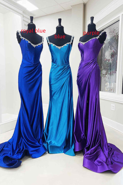 Sheath Mermaid Off the Shoulder  Sweep/Brush Train Evening Dresses Beaded Royal Blue Prom Dress with Slit
