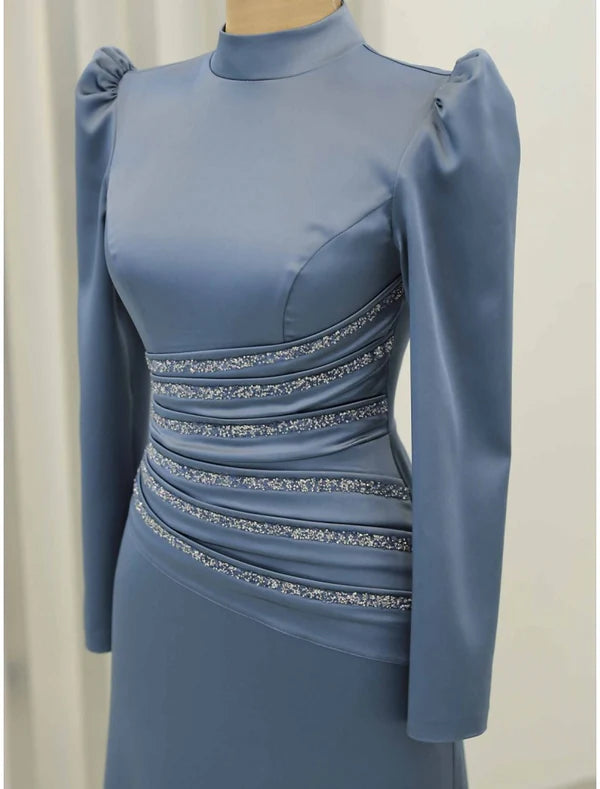 Evening Gown Formal Ankle Length Long Sleeve High Neck Satin with Glitter Ruched