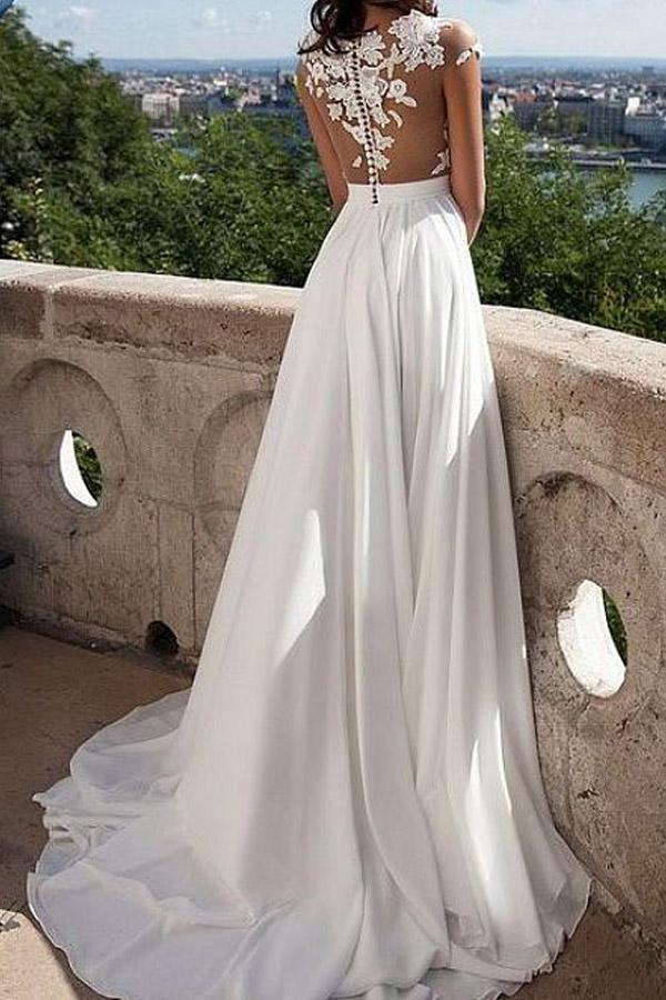 V-neck Cap Sleeves Sweep Train  Wedding Dress with Appliques