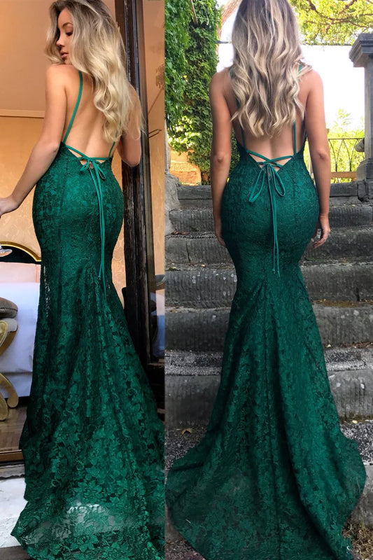 Sheath Mermaid A Line Spaghetti Straps Backless Prom Dress Brush Train Dresses