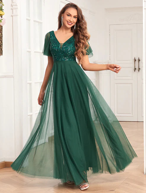 A-Line Party Dresses Evening Party Wear Floor Length Short Sleeve V Neck Chiffon V Back with Glitter Sequin