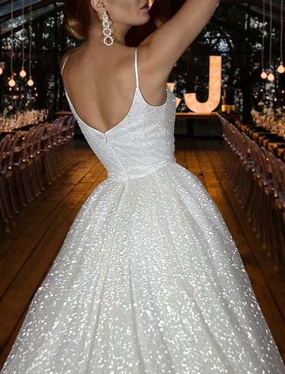 Hall Sparkle & Shine Casual Wedding Dresses A-Line Camisole V Neck Spaghetti Strap Sweep / Brush Train Sequined Bridal Gowns With Solid Color