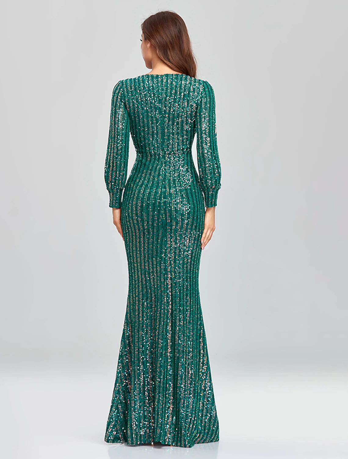 Sheath Mermaid V Neck  Evening Gown Sleek Glitter Sparking Sequins  Floor Length Long Sleeve  Party Dress  Prom Dress
