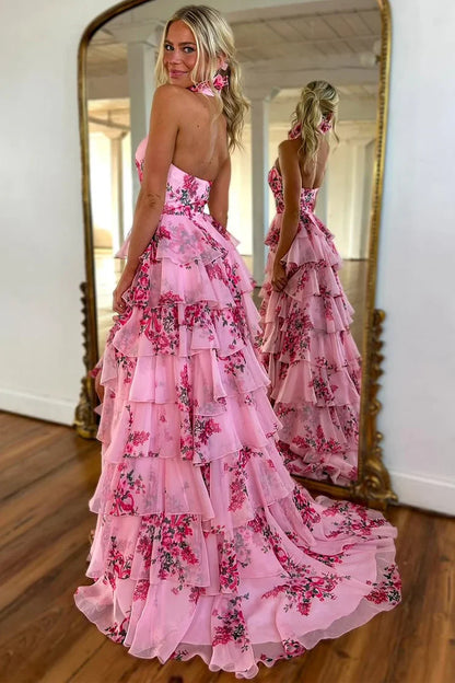 My Hers Ladies Formal Dress Cute Sheath Halter Floral Printed Chiffon Tiered With Slit Elegant Prom Dress