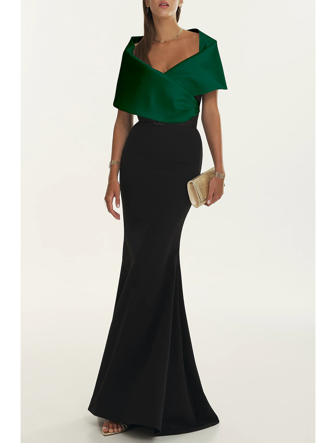 Sheath Mermaid  Off the Shoulder Short Sleeve  Evening Gown Black Floor Length  Satin Pleated Prom Dress with Belt