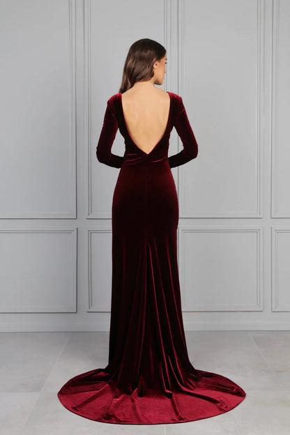 Velvet Dress Mermaid Gown Dress Maxi Open Back Train Dress Long Sleeve Wedding Guest Dress Evening Dress