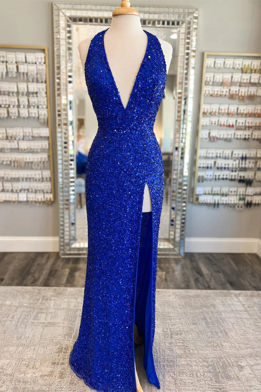 Sequin Halter Long Prom Dress with Attached Train