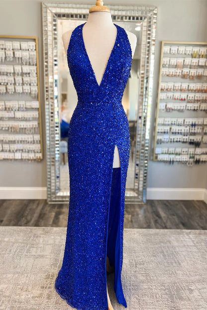 Sequin Halter Long Prom Dress with Attached Train