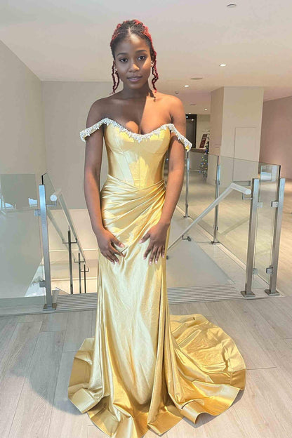 Sheath Mermaid Off the Shoulder  Sweep/Brush Train Evening Dresses Beaded Royal Blue Prom Dress with Slit