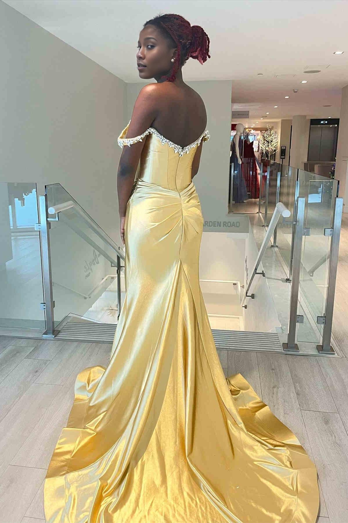 Sheath Mermaid Off the Shoulder  Sweep/Brush Train Evening Dresses Beaded Royal Blue Prom Dress with Slit
