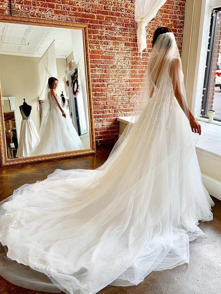 Gorgeous A-line V Neck Open Back Tulle Wedding Dresses with Appliques