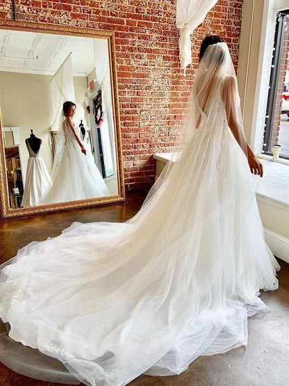 Gorgeous A-line V Neck Open Back Tulle Wedding Dresses with Appliques