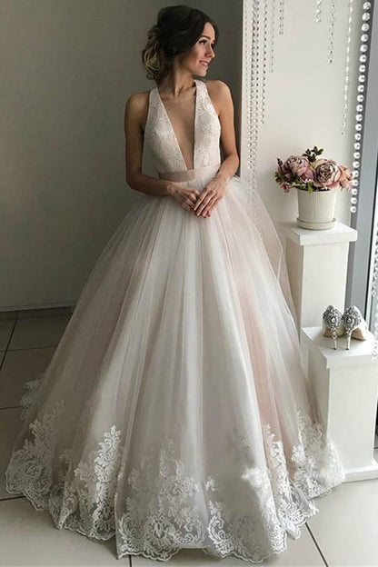Gorgeous V-Neck Sleeveless Tulle Wedding Dresses Bridal Gowns