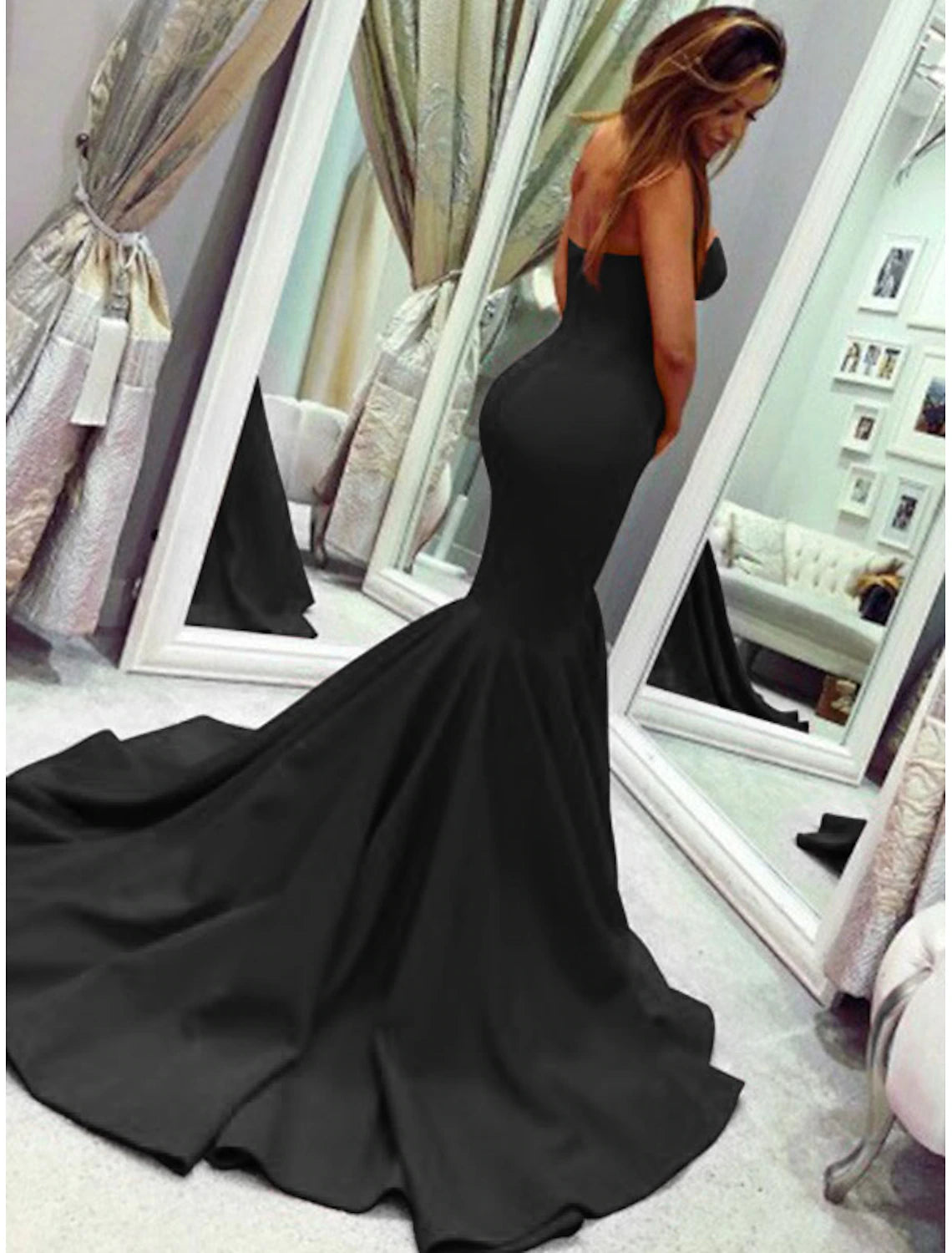 Sheath Mermaid Sleeveless Party Dress Sexy  Dress Strapless  Court Train Stretch Fabric with Pleats