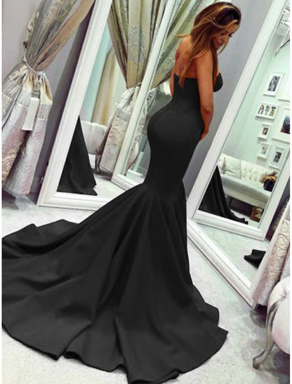Sheath Mermaid Sleeveless Party Dress Sexy  Dress Strapless  Court Train Stretch Fabric with Pleats