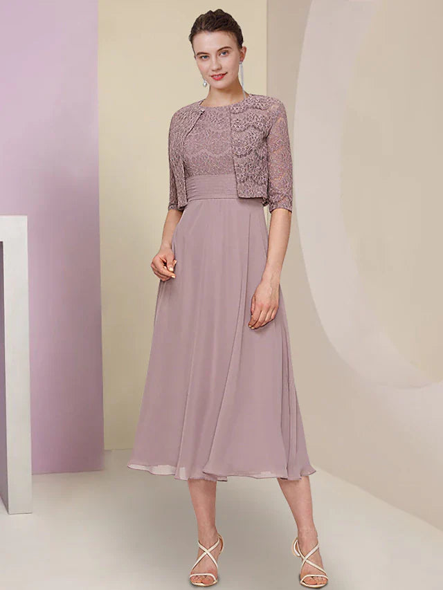 Two Piece Mother of the Bride Dress Wedding Guest Church Elegant Jewel Neck Tea Length Chiffon Lace Half Sleeve with Solid Color