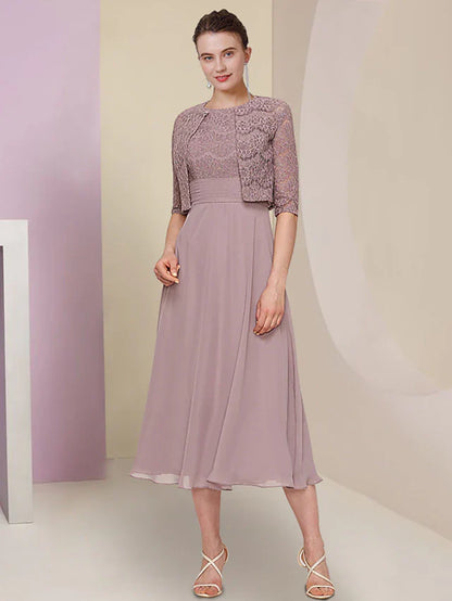 Two Piece Mother of the Bride Dress Wedding Guest Church Elegant Jewel Neck Tea Length Chiffon Lace Half Sleeve with Solid Color