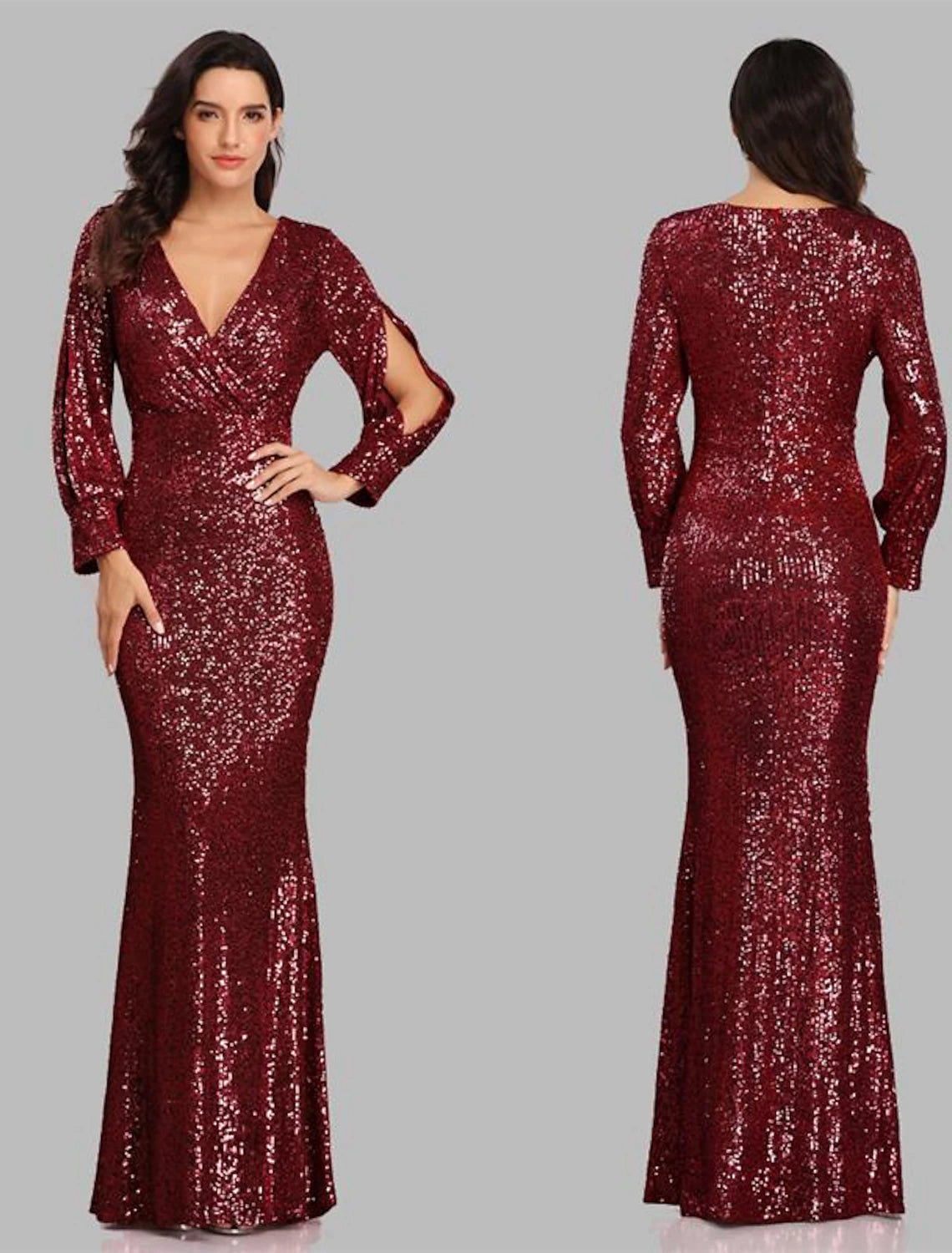 Sheath Mermaid V Neck  Evening Gown Sleek Glitter Sparking Sequins  Floor Length Long Sleeve  Party Dress  Prom Dress
