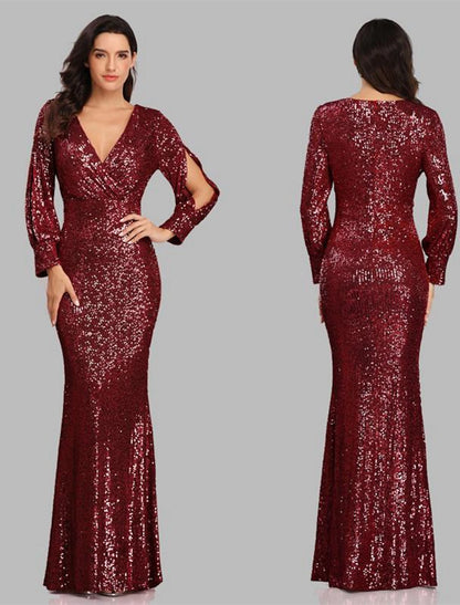 Sheath Mermaid V Neck  Evening Gown Sleek Glitter Sparking Sequins  Floor Length Long Sleeve  Party Dress  Prom Dress