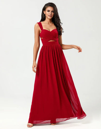 A Line V-Neck Sweetheart Burgundy Chiffon Long Bridesmaid Dress with Keyhole