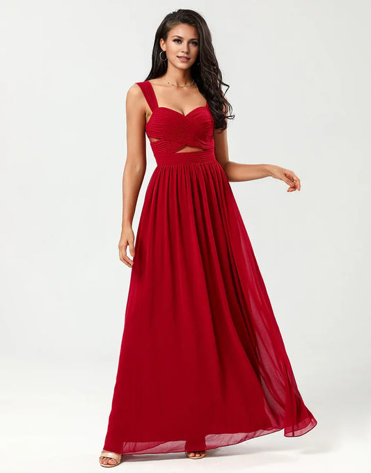 A Line V-Neck Sweetheart Burgundy Chiffon Long Bridesmaid Dress with Keyhole