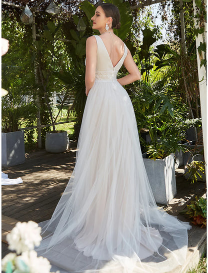 A-Line V Neck Sleeveless Sweep / Brush Train Tulle Bridal Gowns With Lace Wedding Dresses&Bridal Dresses