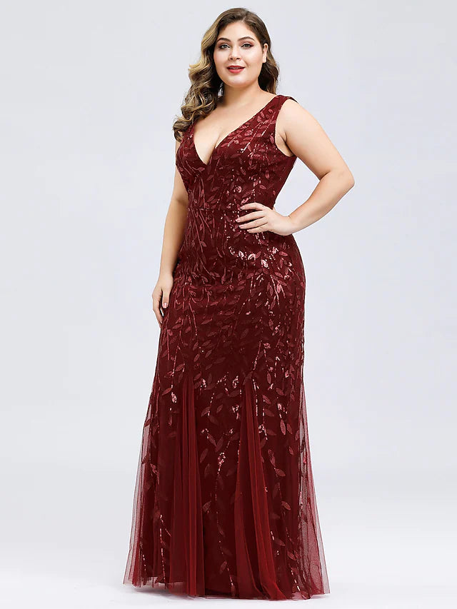 Mermaid / Trumpet Evening Gown Plus Size Dress Wedding Guest Floor Length Sleeveless V Neck Lace V Back with Appliques
