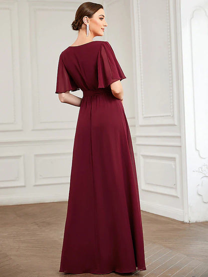 A-Line Bridesmaid Dress V Neck Short Sleeve Elegant Floor Length Chiffon with Ruffles / Draping / Bandage  1 review