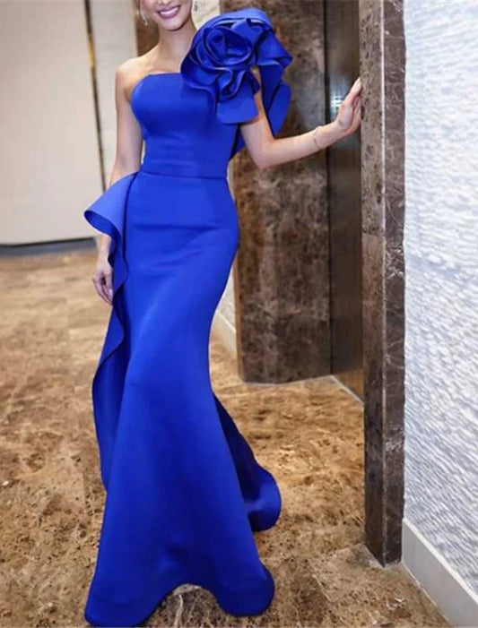 Mermaid Party Dress Evening Gown Maxi Dress Formal Wedding Guest Sweep / Brush Train Sleeveless Strapless Satin with Ruffles Shoulder Flower